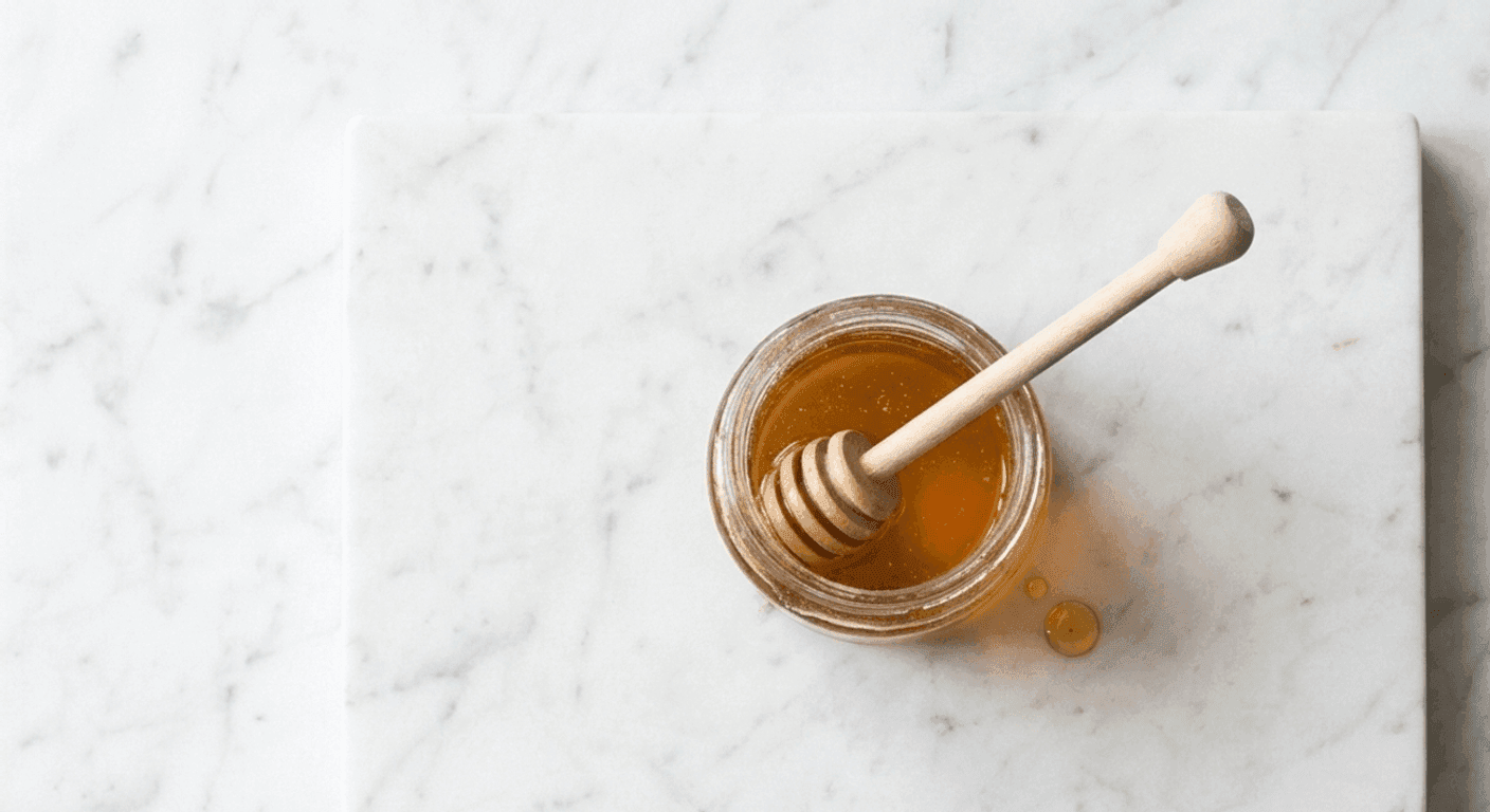 Honey: Natural liquid sweetener produced by bees. Varies in flavour from mild to robust.